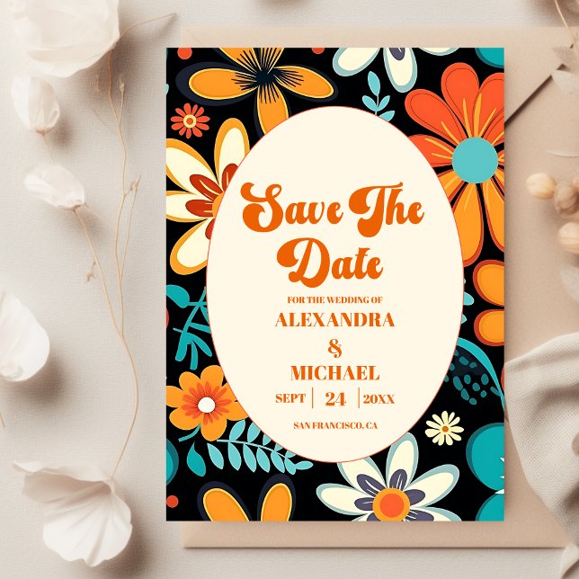 Boho Seventies Retro Floral Wedding Save The Date (Von Creator hochgeladen)