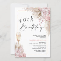 Boho Silk Rose Pampas Grass Geburtstagseinladung