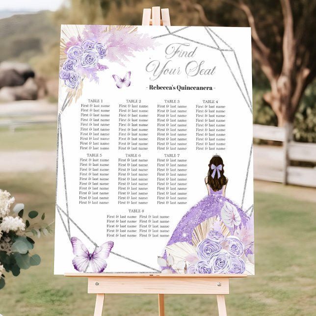 Boho Silver Lila Floral 15 Años Seating Chart Poster (Von Creator hochgeladen)