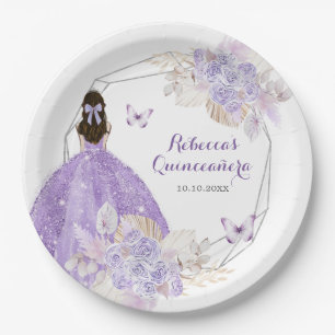 Boho Silver Lila Floral Butterfly Quinceañera Pappteller