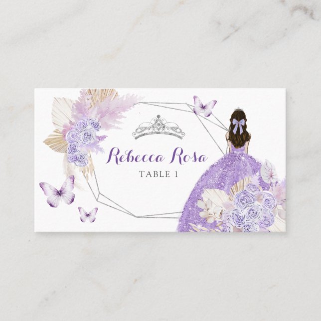 Boho Silver Lilac Floral Butterfly Quinceañera Platzkarte (Vorderseite)