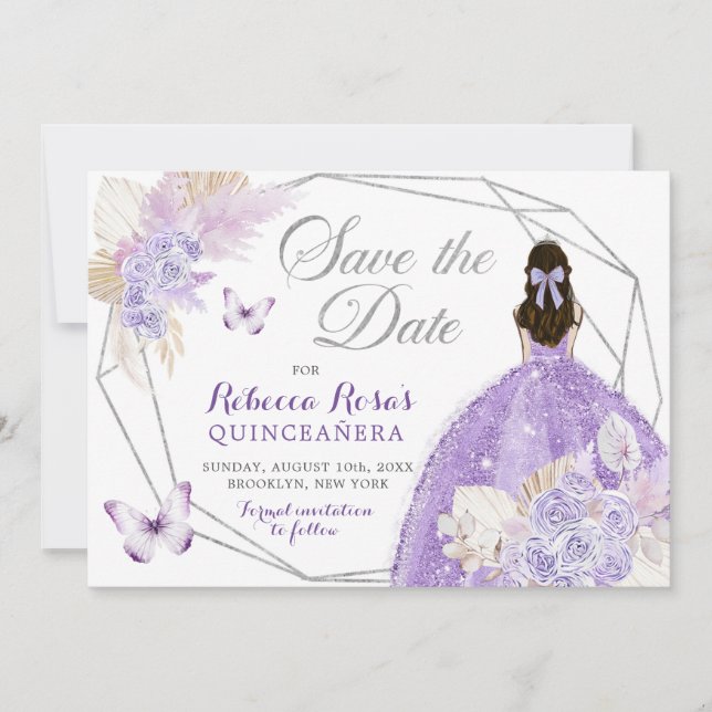 Boho Silver Lilac Floral Quinceañera Save the Date Einladung (Vorderseite)