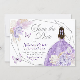 Boho Silver Lilac Floral Quinceañera Save the Date Einladung