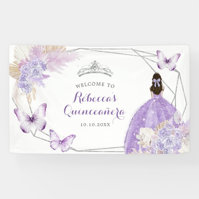 Boho Silver Lilac Geometric Quinceañera Large Banner (Horizontal)