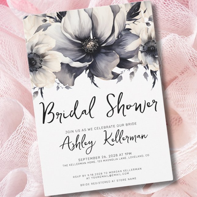 Boho Simple Modern Floral Brautparty Einladung (Boho Elegant Floral Black White Bridal Shower Invitation)