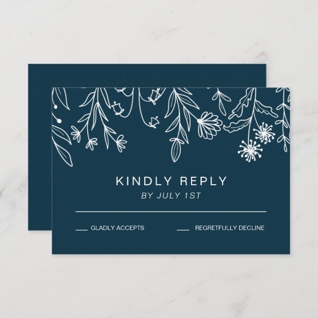 Boho Simple Wildblume Navy Blue Wedding RSVP Karte (Vorne/Hinten)