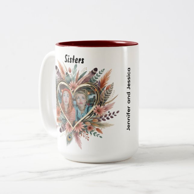 Boho Sister Mug with Floral Heart & Names Tasse (Vorderseite Links)