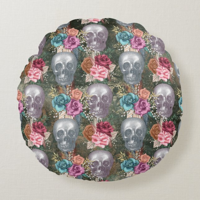 Boho Skull mit Blume Rundes Kissen (Vorderseite)
