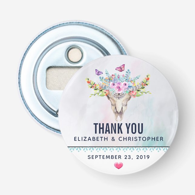 Boho Skull mit einer blutigen Bouquet-Hochzeit Flaschenöffner (Vorderseite)