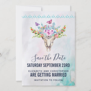 Boho Skull mit Floral Bouquet Wedding Save The Date