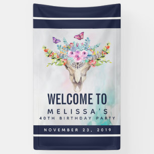 Boho Skull mit Schmetterlingen und Blume Geburtsta Banner