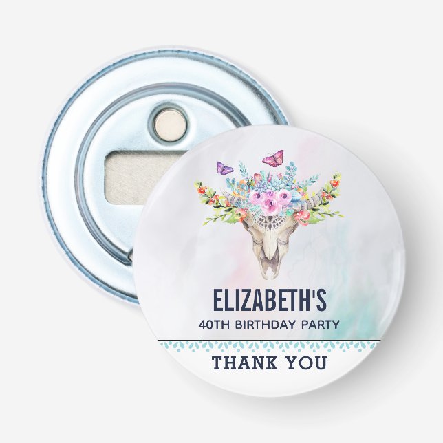 Boho Skull mit Schmetterlingen und Blume Geburtsta Flaschenöffner (Vorderseite)