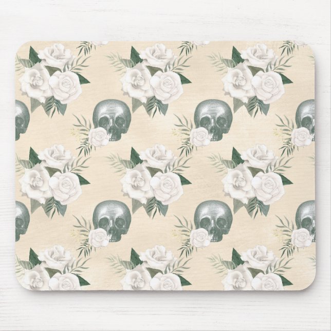 Boho Skull mit White Roses Mousepad (Vorne)