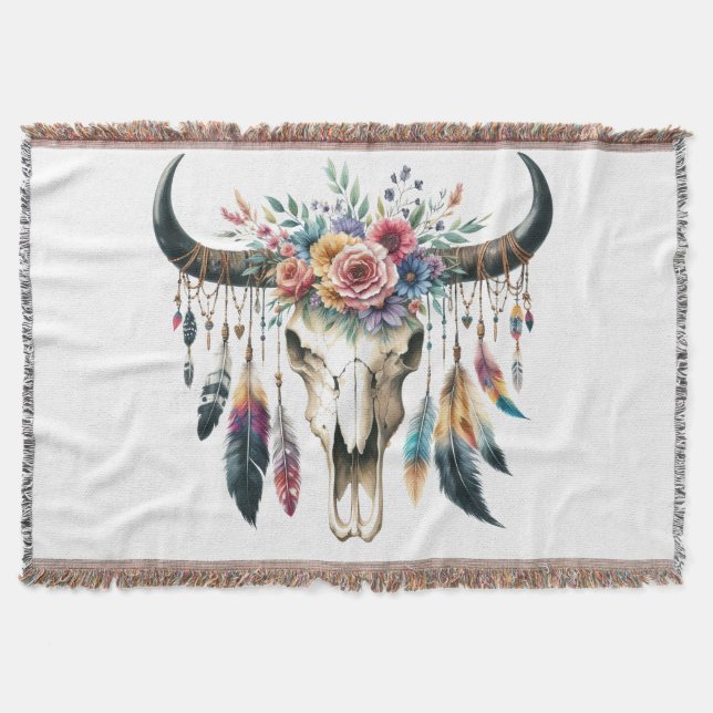 Boho Skull Native Amerikanische Ureinwohner Colorf Decke (Vorderseite)