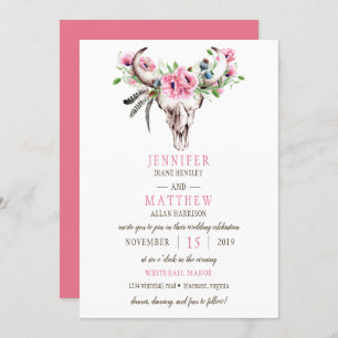 Boho Skull Pink Poppies Hochzeit Einladung
