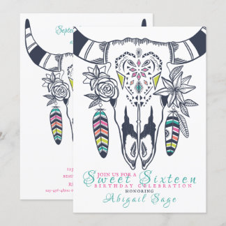 Boho Skull Turquoise in Pink 16 . Geburtstag Gebur Einladung