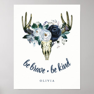 Boho Skull und Blue Peonies   Seien Sie tapfer, se Poster