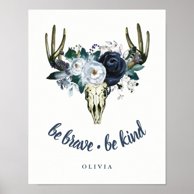 Boho Skull und Blue Peonies | Seien Sie tapfer, se Poster (Vorne)
