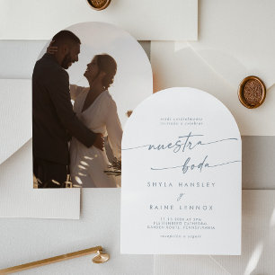 Boho Slate Blue Foto Arch Spanish Wedding Einladung