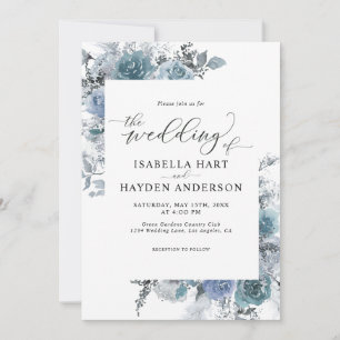 Boho Slate Floral Dusty Blue Pastel Wedding Einladung