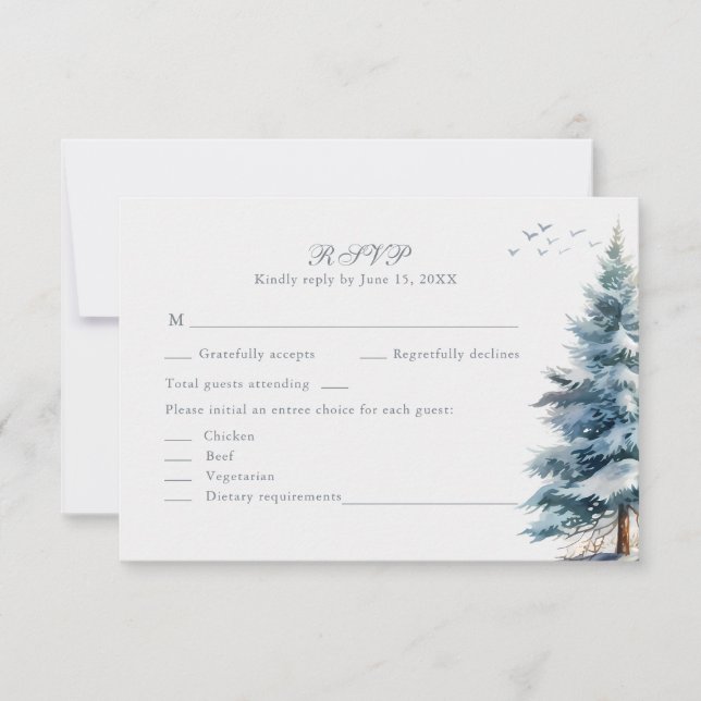 Boho Snowy Mountain & Pine Trees Wedding RSVP Card (Vorderseite)