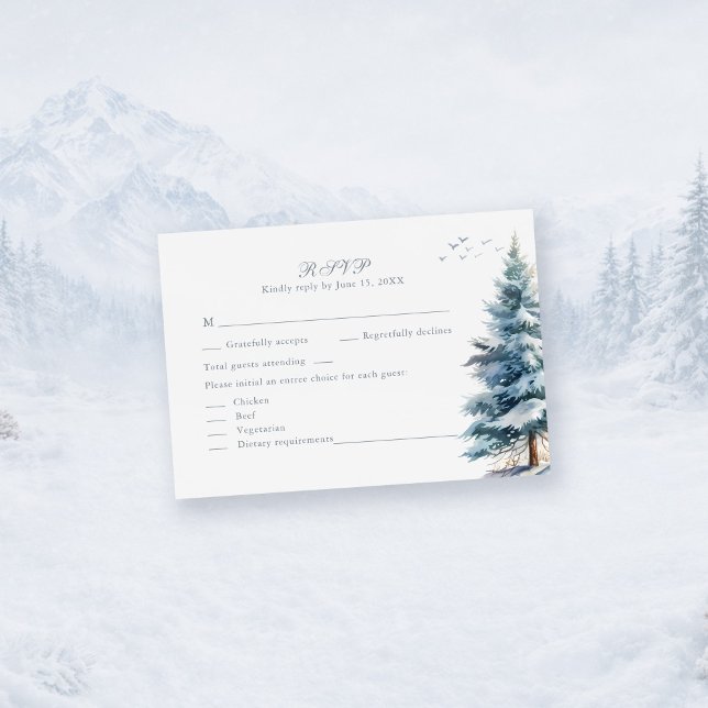 Boho Snowy Mountain & Pine Trees Wedding RSVP Card Karte (Boho Snowy Mountain & Pine Trees Wedding RSVP Card)