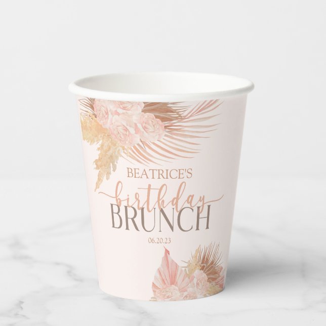 Boho Soft Pink Blume Birthday Brunch Party Pappbecher (Vorderseite)