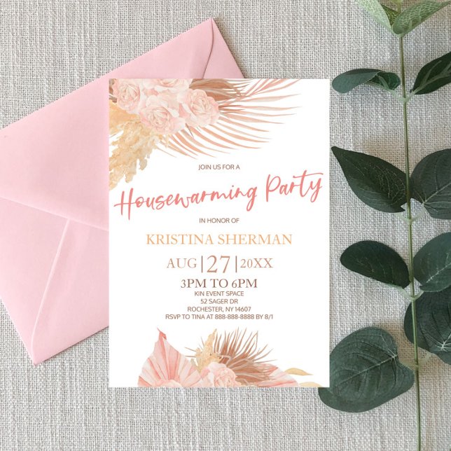 Boho Soft Pink Blume Housewarming Party Einladung (Von Creator hochgeladen)