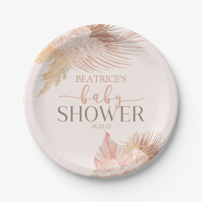 Boho Soft Pink Floral Blume Babydusche Pappteller (Vorderseite)