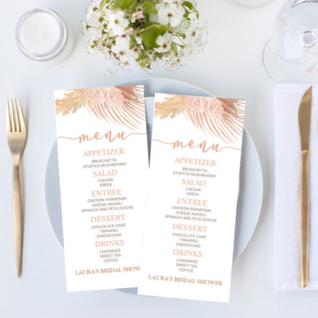 Boho Soft Pink Floral Blume Brautparty Food Menükarte (Von Creator hochgeladen)