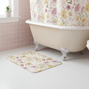 Boho Soft Pink Wasserfarbe Wildblume Badematte