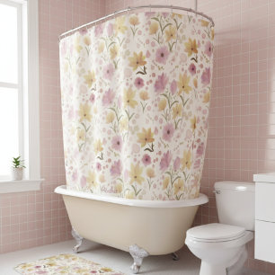 Boho Soft Pink Watercolor Wildblume  Duschvorhang