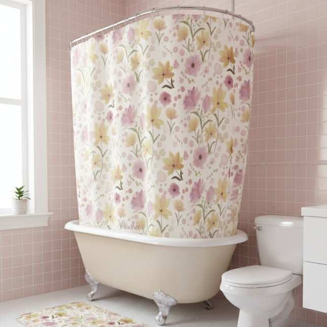 Boho Soft Pink Watercolor Wildblume  Duschvorhang (Von Creator hochgeladen)