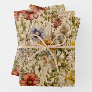 BOHO-SOMMER-WILDBLUMEN-BLUMENPAPIERBOGEN GESCHENKPAPIER SET