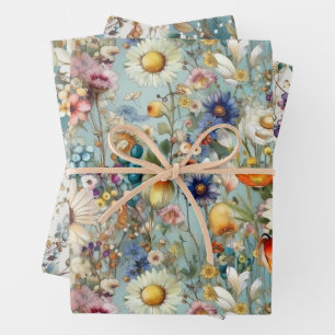 BOHO SOMMER WILDBLUMEN BLÜTENPFLANZE GESCHENKPAPIER SET