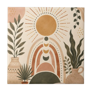 Boho-Sonne & Botanische Kunst Fliese
