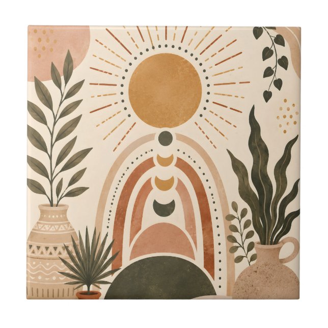 Boho-Sonne & Botanische Kunst Fliese (Vorderseite)