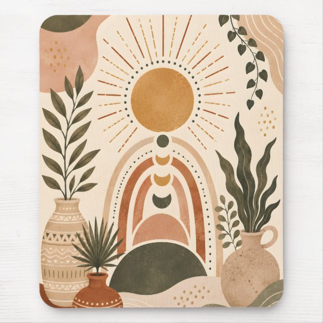 Boho-Sonne & Botanische Kunst Mousepad (Vorne)