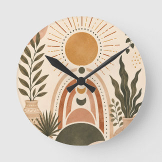 Boho-Sonne & Botanische Kunst Runde Wanduhr