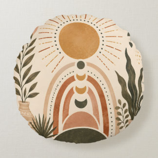 Boho-Sonne & Botanische Kunst Rundes Kissen