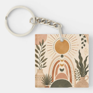 Boho-Sonne & Botanische Kunst Schlüsselanhänger