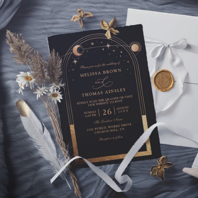 Boho Sonne Mond Astronomie Budget QR Code Hochzeit Einladung (Von Creator hochgeladen)