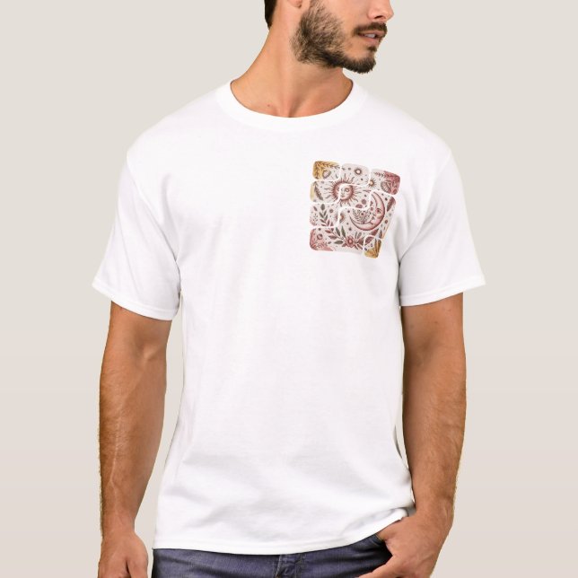 Boho Sonne Mond Himmelsblume Design T-Shirt (Vorderseite)