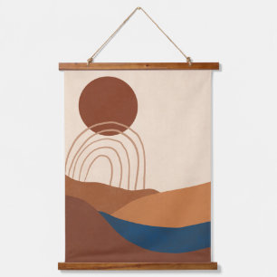 Boho-Sonne-Regenbogen-Landschaft Terrakotta-Beige- Wandteppich Mit Holzrahmen