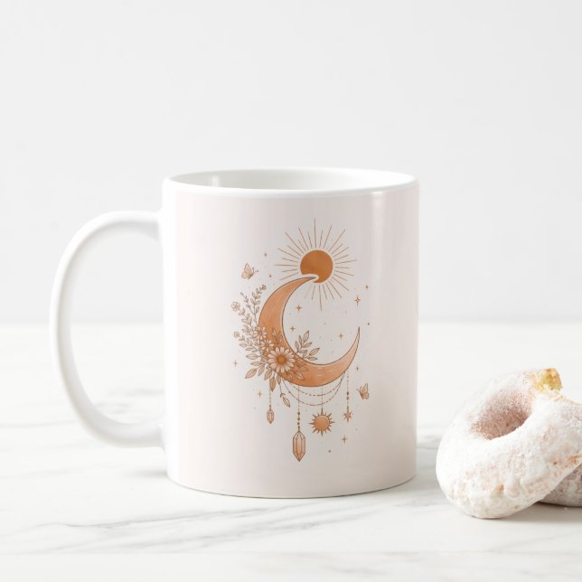 Boho-Sonne- und Mond-Blumen-Keramik-Tasse Kaffeetasse (Mit Donut)