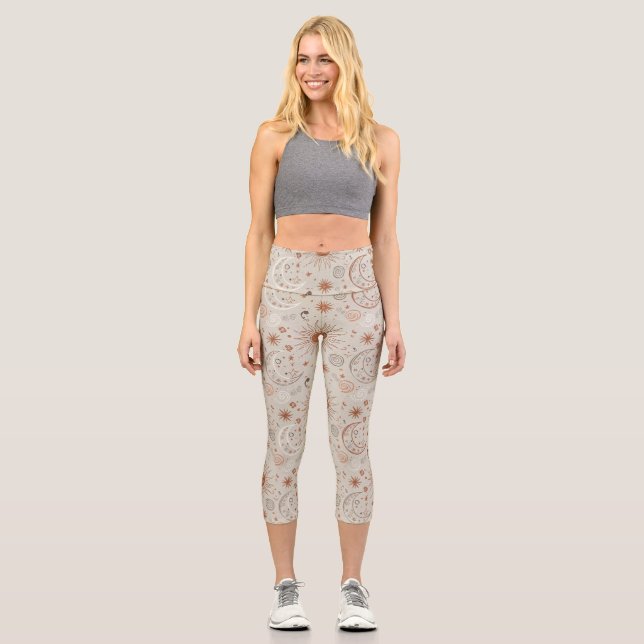 Boho-Sonne- und Mondmuster Capri Leggings (Vorderseite)