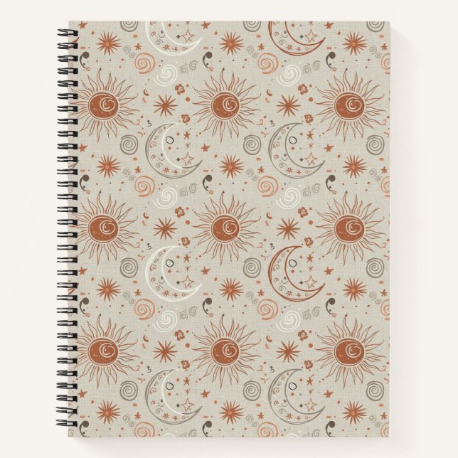 Boho-Sonne- und Mondmuster Notizbuch (Vorderseite)