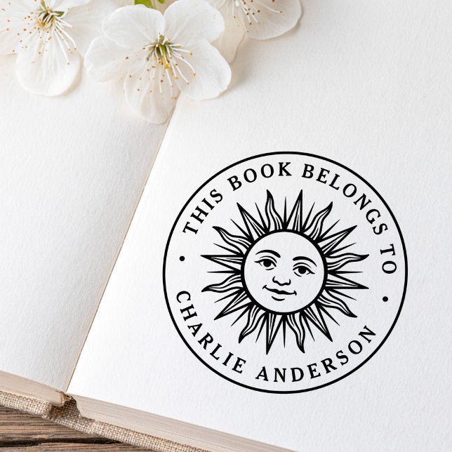 Boho-Sonnen-Charakter-Exlibris-Bibliotheksbuch Gummistempel (Boho sun character bookplate library book rubber stamp)