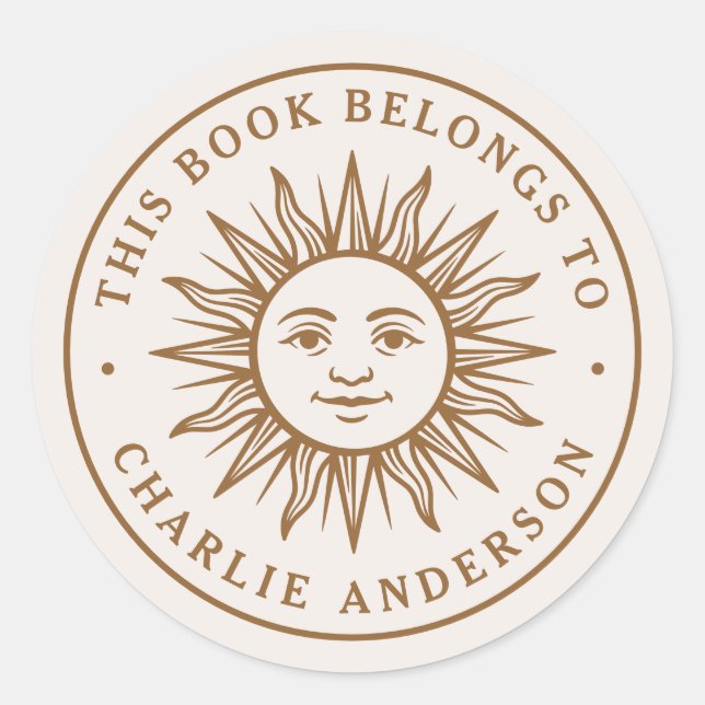 Boho-Sonnen-Charakter-Exlibris-Buchaufkleber Runder Aufkleber (Vorderseite)