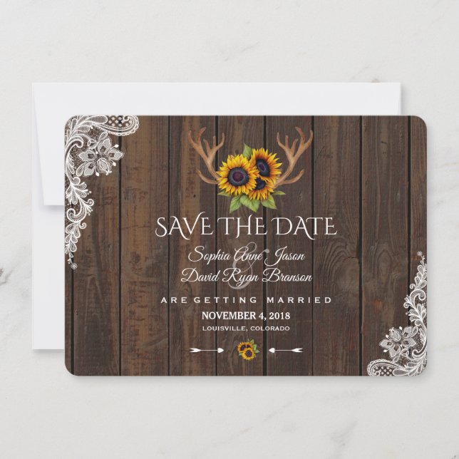 Boho Sonnenblumen Antlers Wood Wedding retten das  Save The Date (Vorderseite)